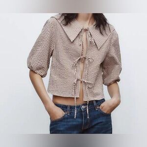 Zara Gingham Tie Front Blouse